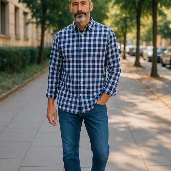 Michael Kors Men's Tailor Fit Blue Checkered Long Sleeve Shirt Size Large - Picture 1 of 5